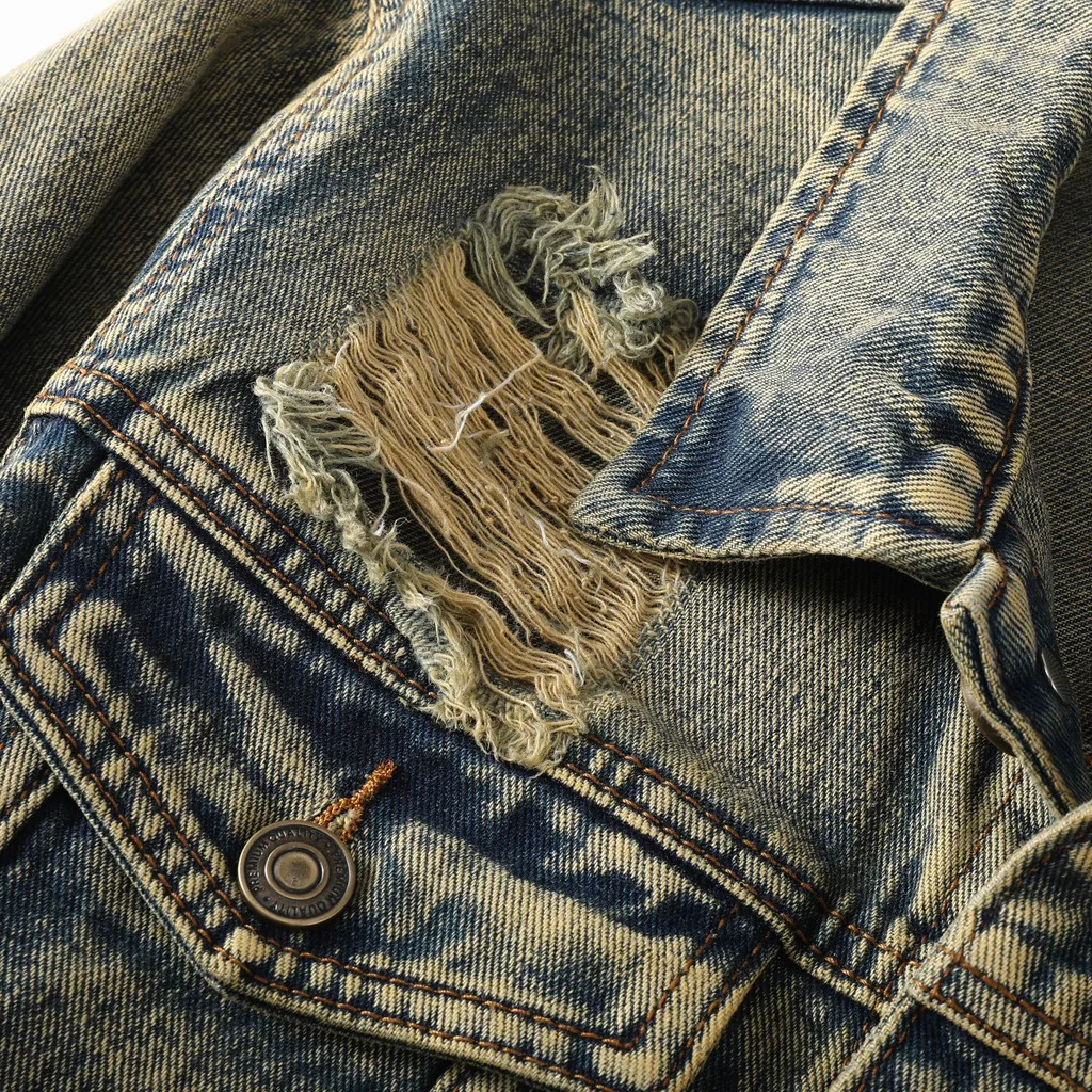 Men\'s Fashion Vintage Destroyed Jeans Jacket High Street Ripped Denim Coat With Holes Washed Retro Outerwear Size M-5XL
