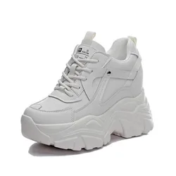 9CM Genuine Leather  Women Fashion Chunky Sneakers Spring Summer Autumn Breathable Platform Wedge Shoes Walking Sneakers Fashion