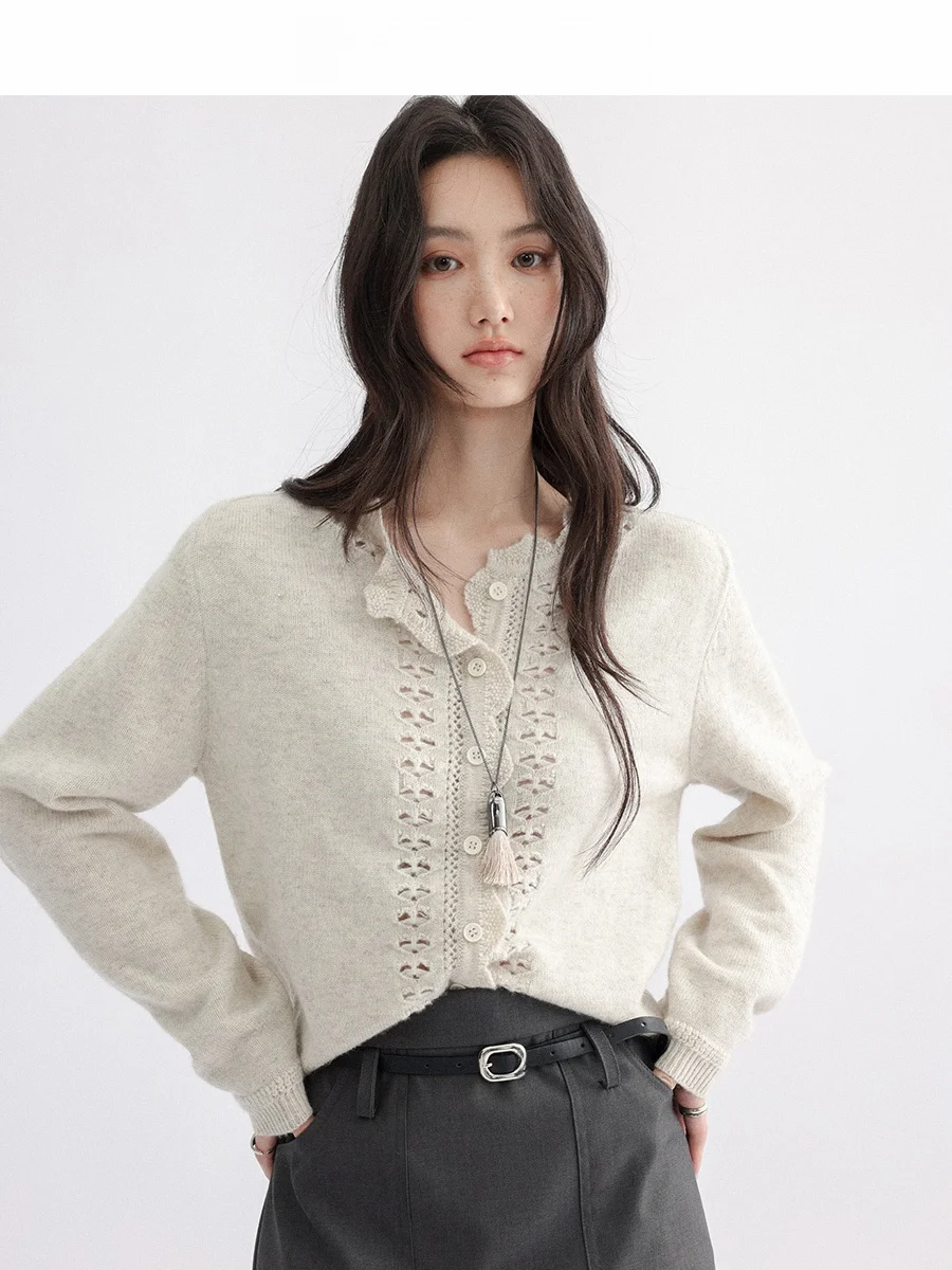 

CHACHA Retro Hollow out Knitted Sweater Women's Loose Soft Design Spring Early Season Long Sve round Ne Top