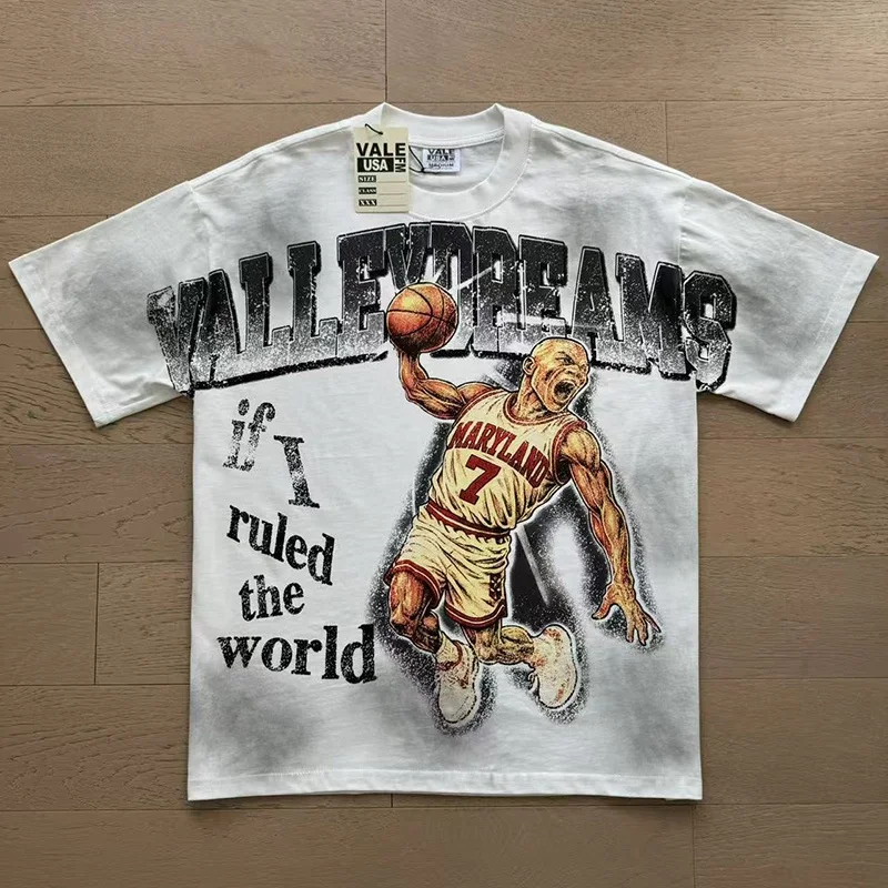 VALE FOREVER Vintage Monkey Wash Loose T-shirt Unisex Round Neck Tee Hotfix Rhinestone Letter Direct Spray Print