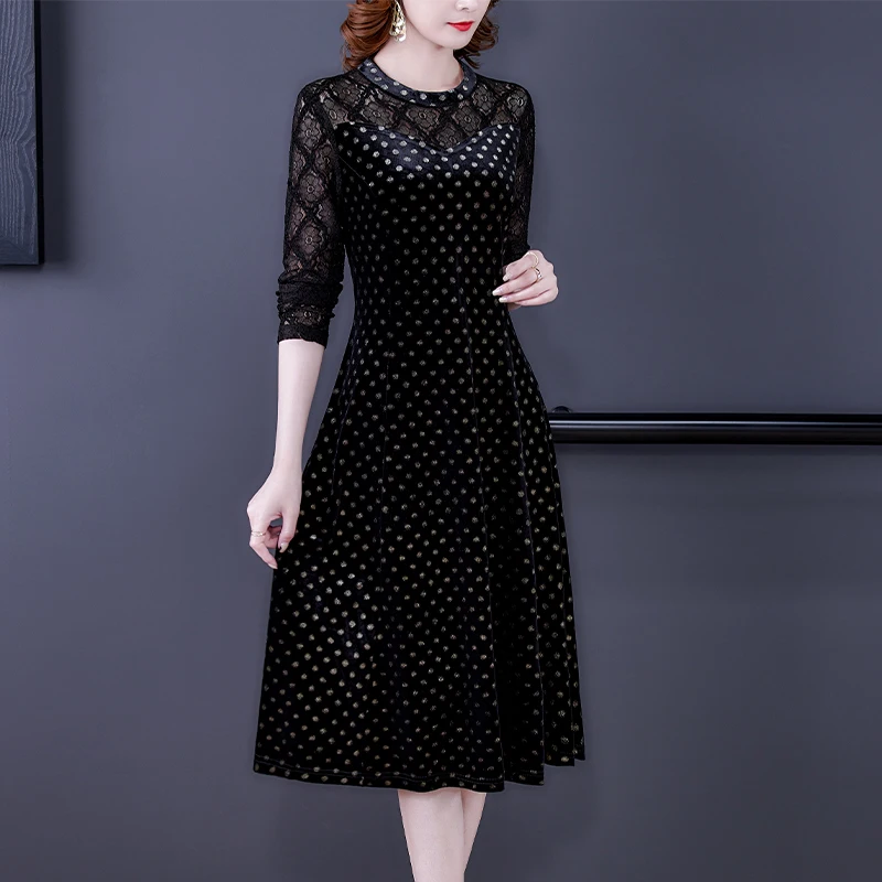 NYFS الدانتيل المرقعة الذهبي المخملية جديد الخريف طويلة الأكمام فساتين امرأة Vestidos رداء Ete فام Elbise فستان طويل فضفاض
