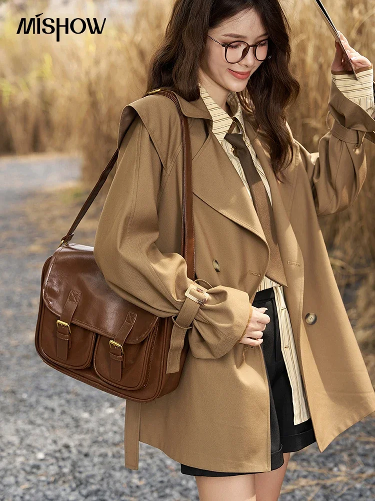 MISHOW Khaki Medium Length Trench for Women Autumn 2023 Loose Double Breasted with Belt Solid Turn-down Collar Coat MXC43W0036