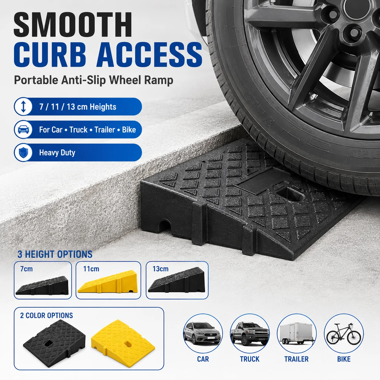 Rampa Antideslizante para Ruedas de Coche de 7/11/13 cm, Rampa Portátil para Entrada de Vehículos, Rampa Resistente para Umbral de Puerta para Coche, Camión, Remolque, Bicicleta