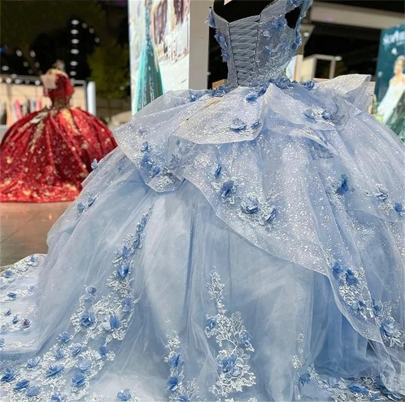 Sky Blue Quinceanera Dresses Ball Gown Off The Shoulder Sparkle Floral Sweet 16 Dresses 15 Años Mexican Customized