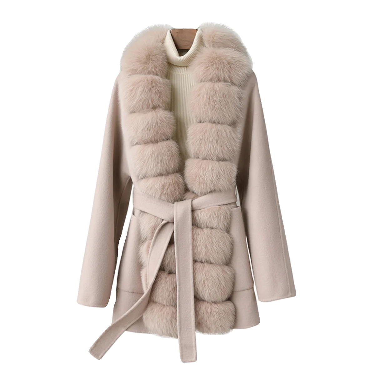 2025 new super long fox fur collar high-end wool wool fur coat temperament cashmere woolen coat mid-length model
