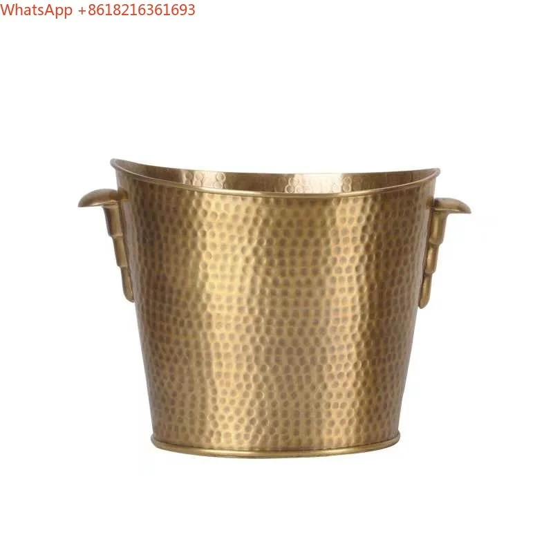 European American Imported High-grade Brass Hand Hammer Pattern Double Handle Ice Bucket Club Bar KTV Wine Barrel Ornament