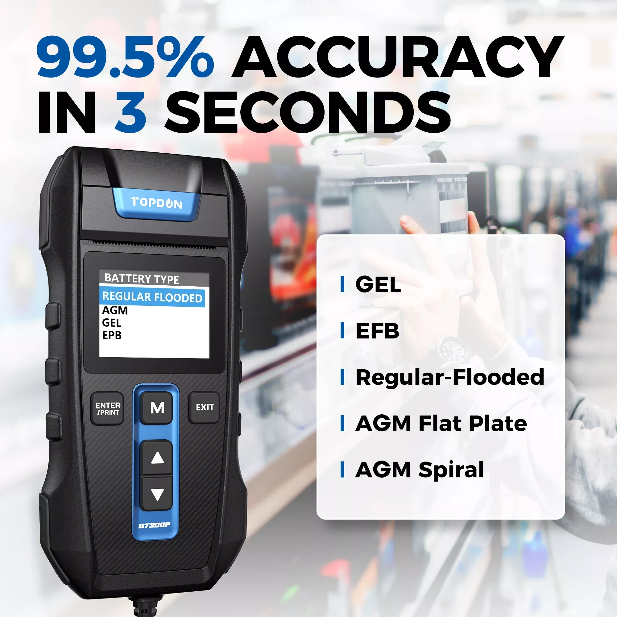 TOPDON BT300P 12V/24V Battery Tester with Printing Digital Charging Cranking Test Tools Car Auto Analyzer Vehicle 8 Language