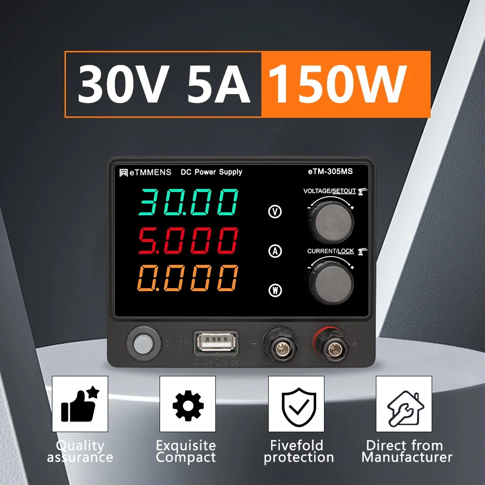 

Источник питания постоянного тока регулируемый от 0 до 30 В, от 0 до 5 А. 4-значные светодиодные дисплеи регулируемого тока и напряжения. Фиксированный энкодер мощностью 150 Вт.