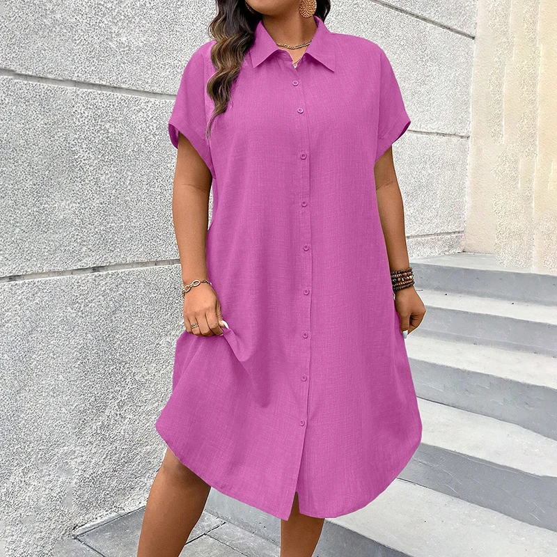 Verão casual camisa feminina vestido clássico cor sólida festa camisa vestido temperamento manga curta vestido feminino na altura do joelho