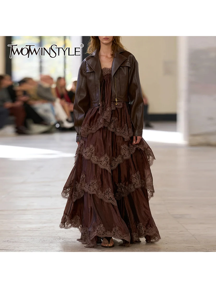 

TWOTWINSTYLE однотонные свободные элегантные платья с оборками для женщин без бретелек без рукавов лоскутное кружевное модное длинное платье женское