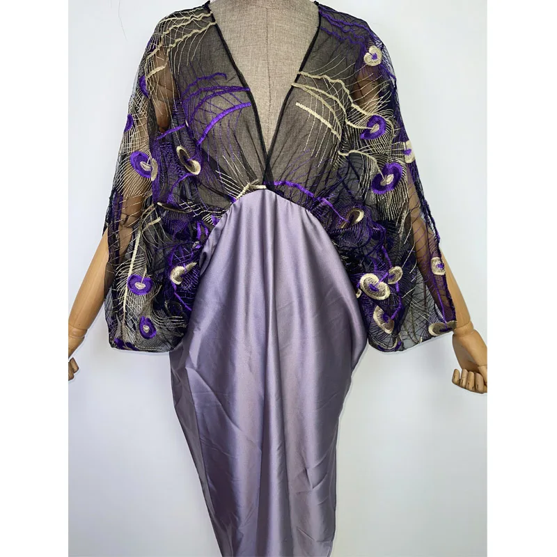 XIZEO Summer Splicing Women stitch fashion sexy Boho African Holiday free size long Sleeve Silk feeling Robe kimono kaftan