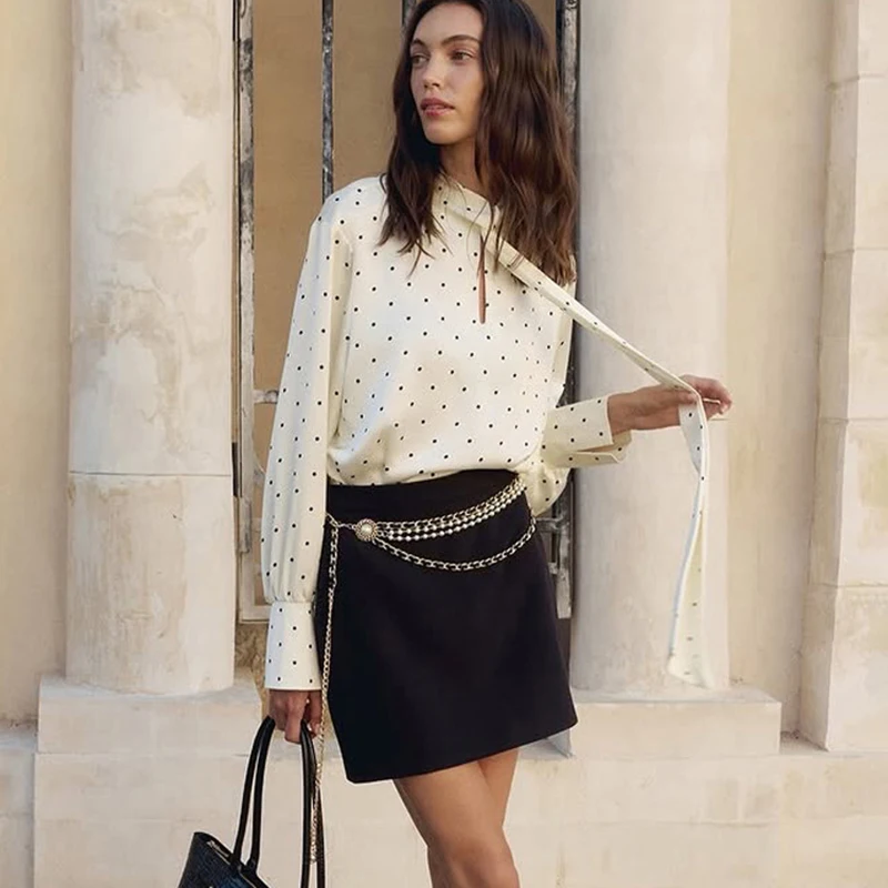 

Tornova Stain Polka Dot Women Shirt 2025 New Printed Elegant Top Long Sleeve Lace Up Offica Lady Pullover Blouse Autumn Fashion