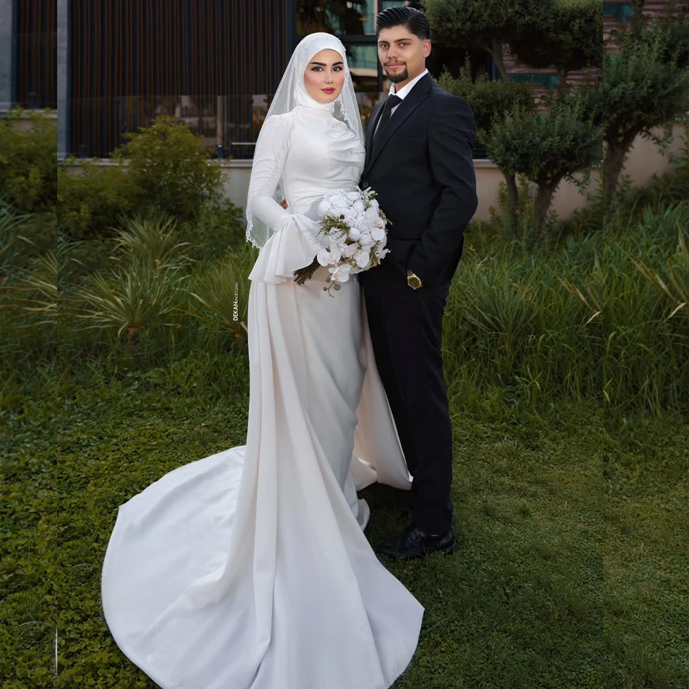 

Elegant Muslim Wedding Dresses with Sequined Pleat High Neck Flare Sleeve For Women Mermaid Sweep Train Bridal Gown Customized