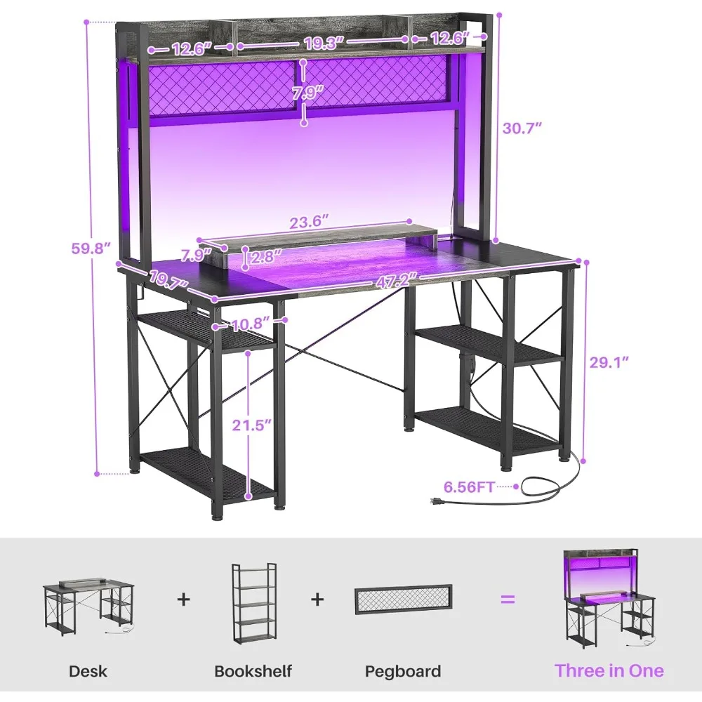 2024 Upgrade Gaming Desk with Hutch, 48'' Magic Computer Desk with LED and Outlets, Reversible Workstation Desk with Pegboard