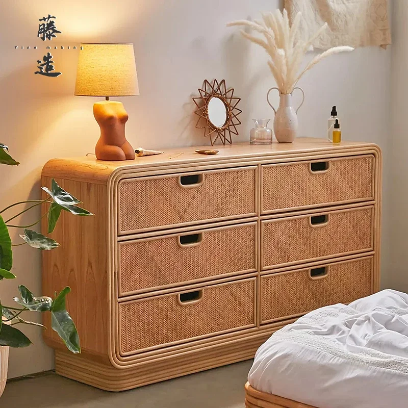 Custom six-drawer dresser Nordic rattan sideboard side cabinet storage cabinet living room vintage six-bucket storage cabinet