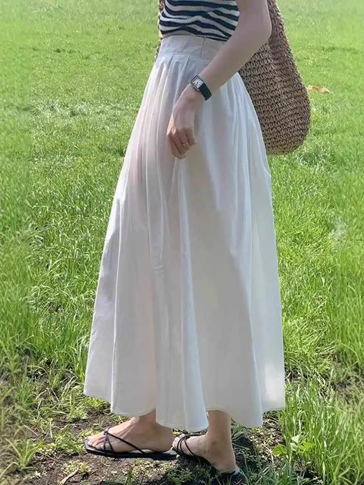

Emily Clud Recommended White High Waist A-Line Midi Skirt Women's Summer Fulln Hip Concealing Umbrella Skirt plus Size