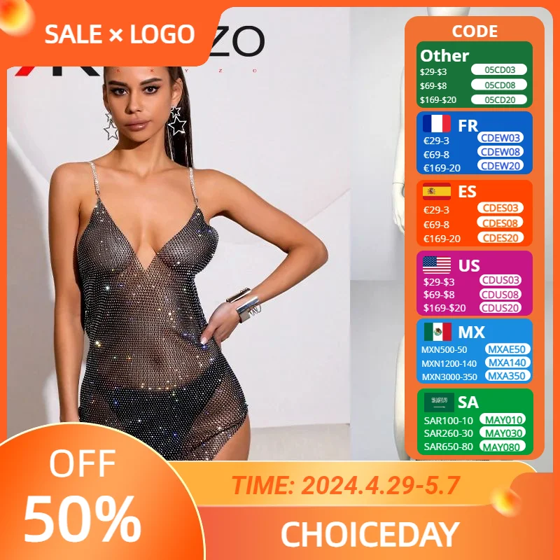 

AKYZO Women's Sparkly Crystal Shoulder Strap Mini Dress Sheer Mesh Slip Dress Sexy Nightclub Party Female Clothes V Neck Wrap Hi