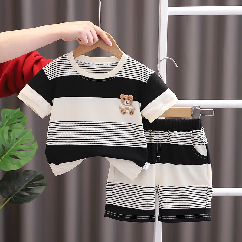 

Summer Toddler Baby Girl Cotton Clothes Short Sleeve Cartoon Stripe Bear Printed T-shirts and Shorts 2pcs Set Kid Boy Tracksuits