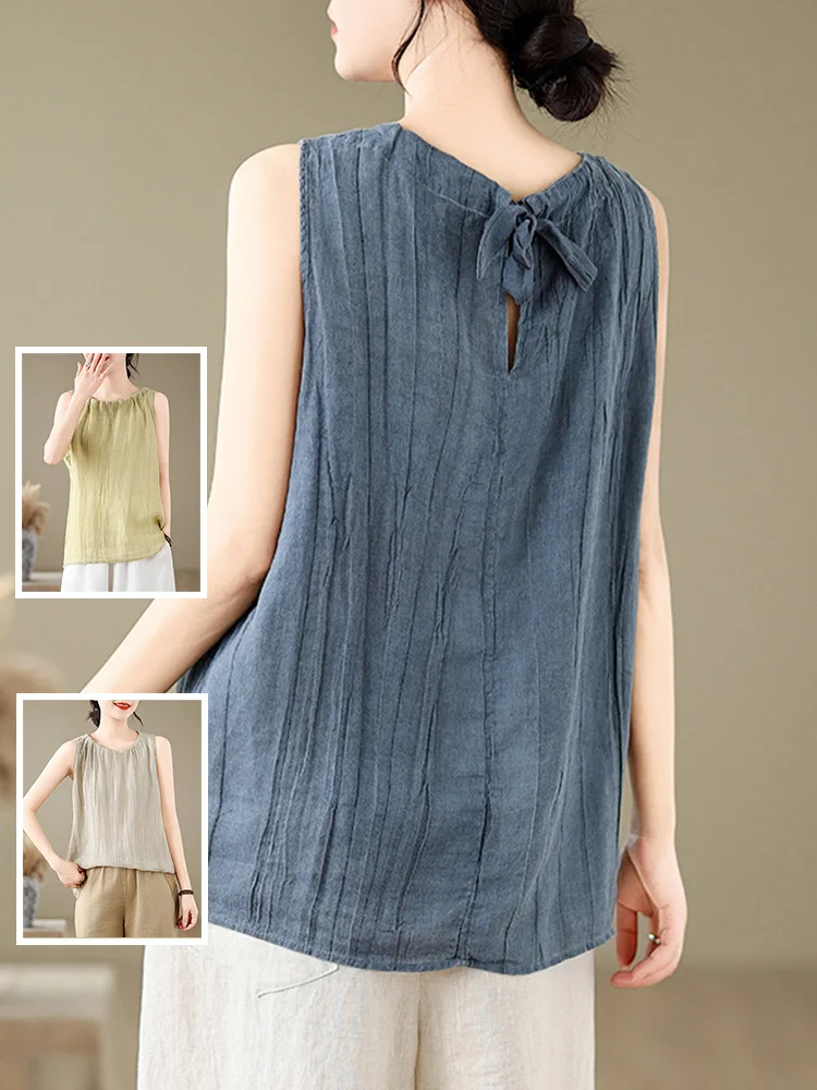

Casual Loose Fit Thin Svel round Ne Vest plus Size Women's Boting Top with Pleated Design Pure Color Trendy Summer