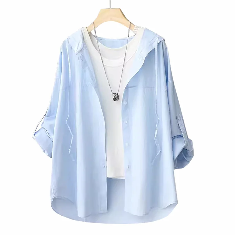 Women Blouse Fashion Long Sleeve Hooded Tops Female Casual Single Breasted Shirts 2024 Summer new