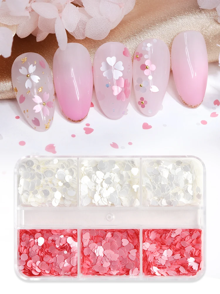 Rose blanc ongles Art paillettes accessoires ultra-mince Sakura pétale rond coeurs flocons printemps été bricolage manucure décalcomanies décoration