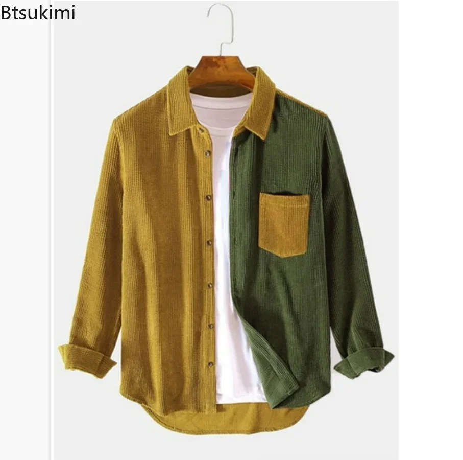 New 2025 Men's Patchwork Corduroy Long Sleeve Shirt Spring Autumn Casual Contrast Color Harajuku Shirt Men Ropa Hombre Camisa
