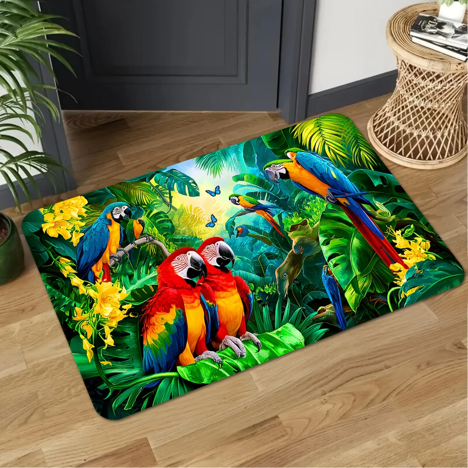 Tropical Parrot Jungle Doormat, Colorful Macaw Bird Rug, Rainforest Leaves Floor Mat, Non-Slip Entryway Carpet Nature Home Decor