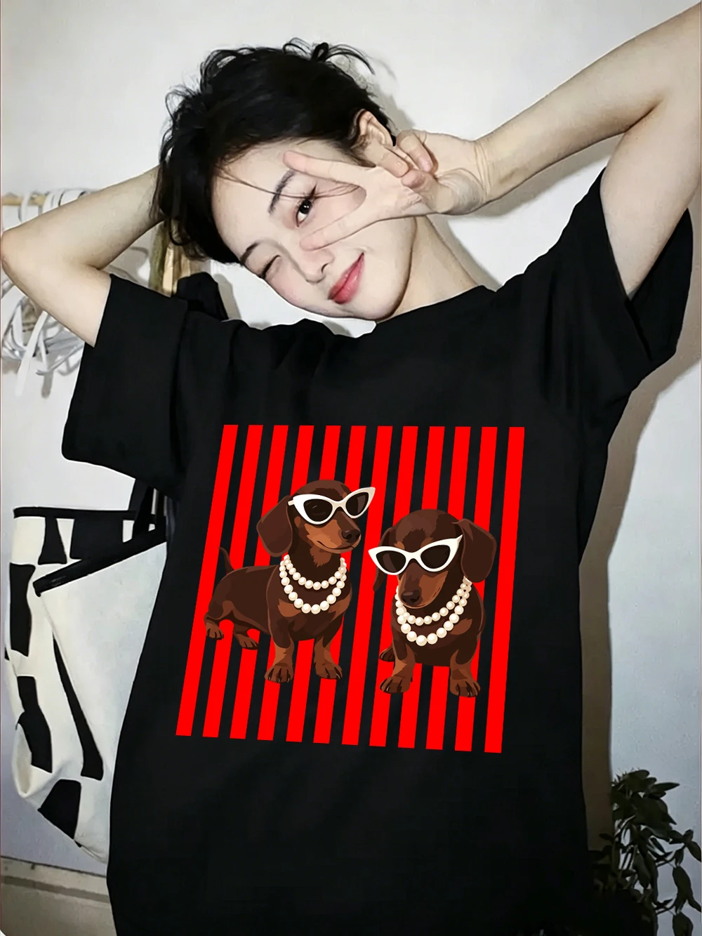 Pearl Dachshund Hundemotiv T-Shirts Baumwolle Damen Sommer Kurzarm T-Shirt Lässige Weiche Oversized Tops Basic O-Ausschnitt Kleidung – Detail 32