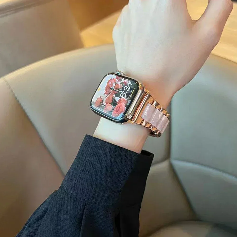 Cute Stainless Steel+resin Strap for Apple Watch Band 10 42mm 46mm 9 8 7 41mm 45mm Women Bracelet for IWatch 6 5 4 se 40mm 44mm