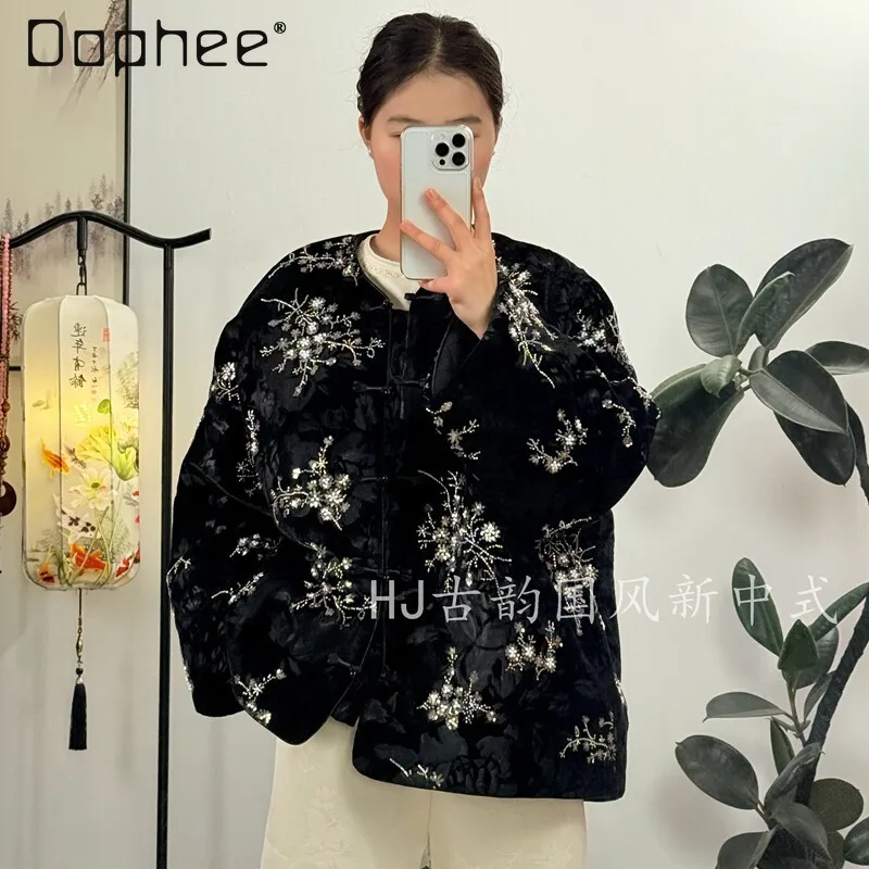 

Новая свободная хлопковая стеганая куртка в китайском стиле с круглым вырезом, женская утолщенная хлопковая куртка с блестками и цветочной вышивкой из бисера