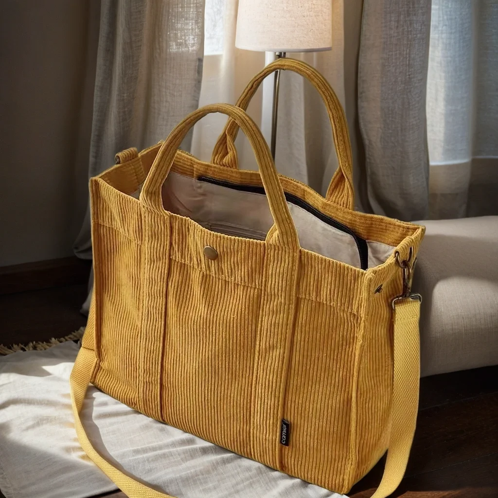 Corduroy Zipper Tote Purse-Corduroy Tote Bag with Front Zipper-Corduroy Zipper Closure Shopper Tote-Corduroy Zippered Travel