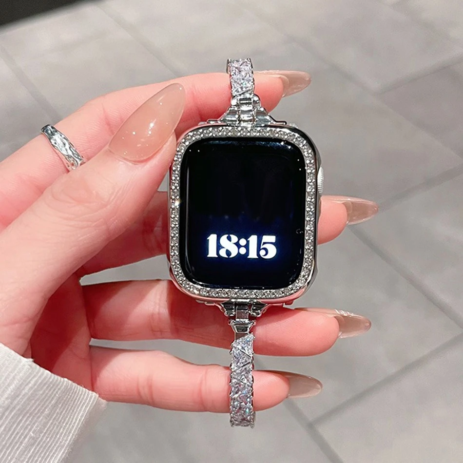 สายนาฬิกาสำหรับ Apple Watch Band S11/10/9/8/7/SE/5/4/Ultra 3 IWatch 49/46/45/44/42/41/40/38 มม. สายรัดข้อมือเพชรทรงสามเหลี่ยมหรูหราประดับเพชรซิร์คอน
