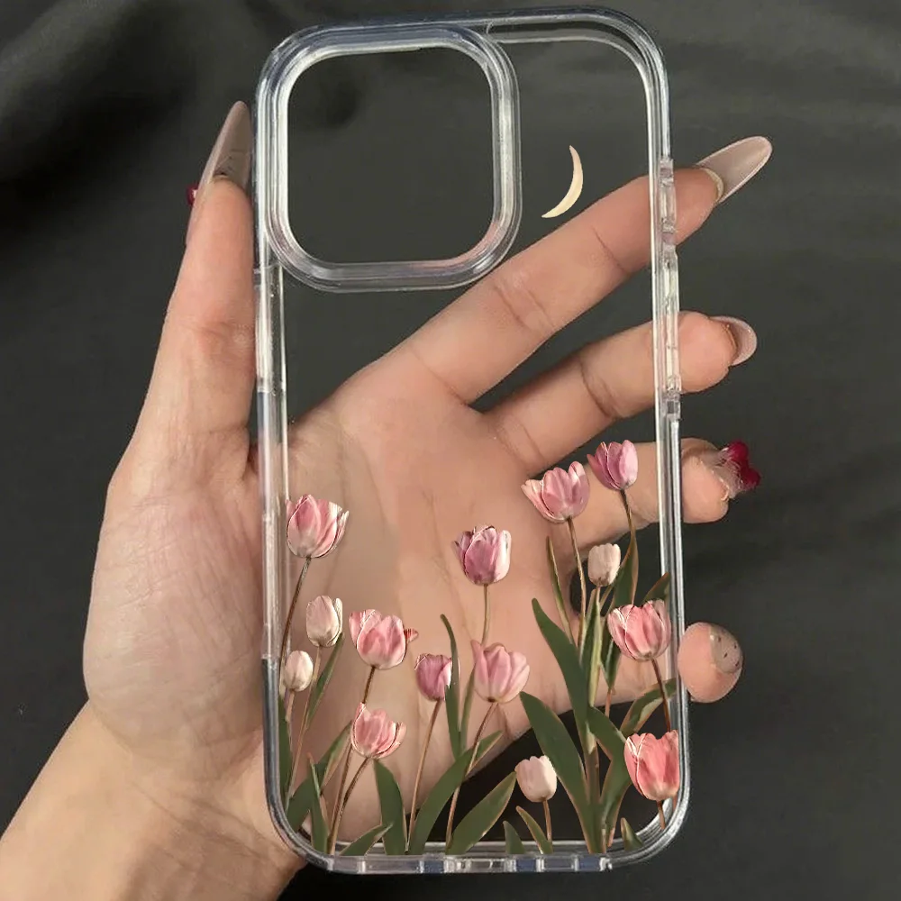

Tulip Phone Case For iPhone 11 Case iPhone 16 Pro 15 14 13 12 Pro Max Shockproof Clear Bumper Transparent Acrylic Cover Fundas