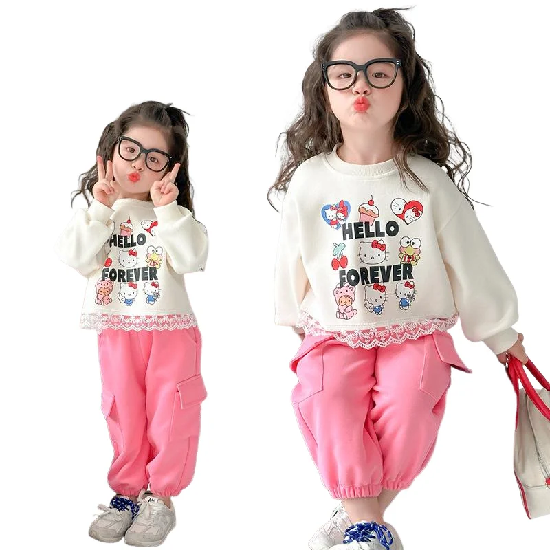 

Тох Санрио, спортивный костюм для девочек, длинные штаны, Hello Kitty Kawaii, аниме, студенческие весенне-осенние повседневные топы, комплект из 2 предметов, детская одежда