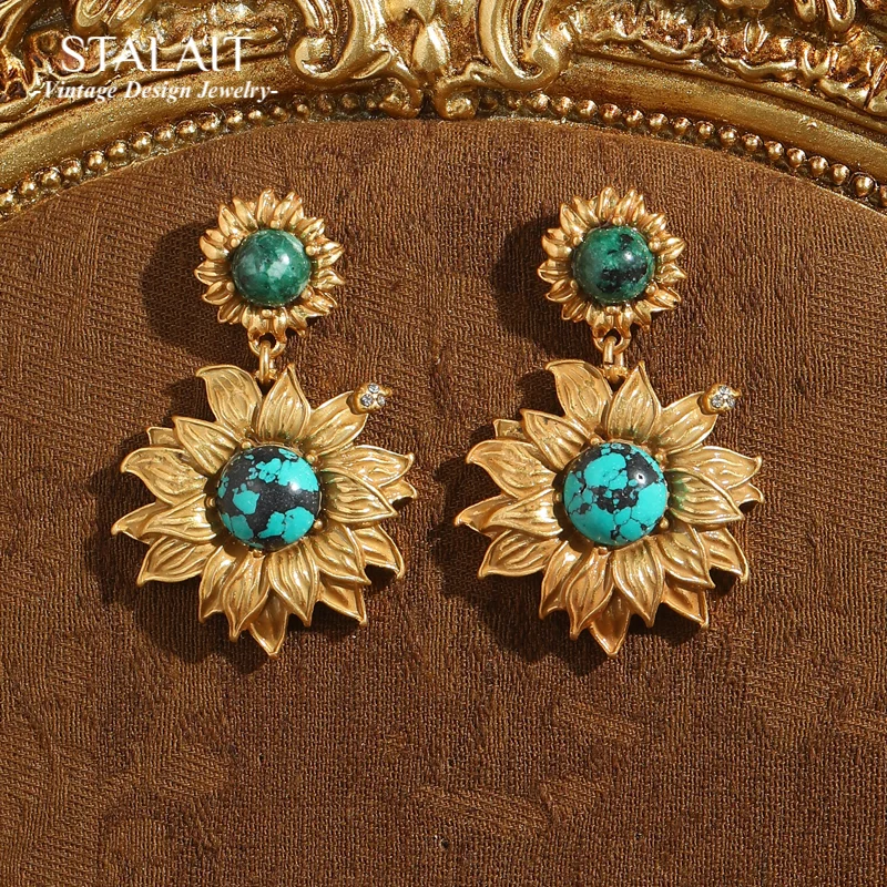 

Vintage Retro Sunflower Drop Earrings Luxury Turquoise Jewelry For Woman Pendant High Quality Luxury Brand 2025 New Arrival