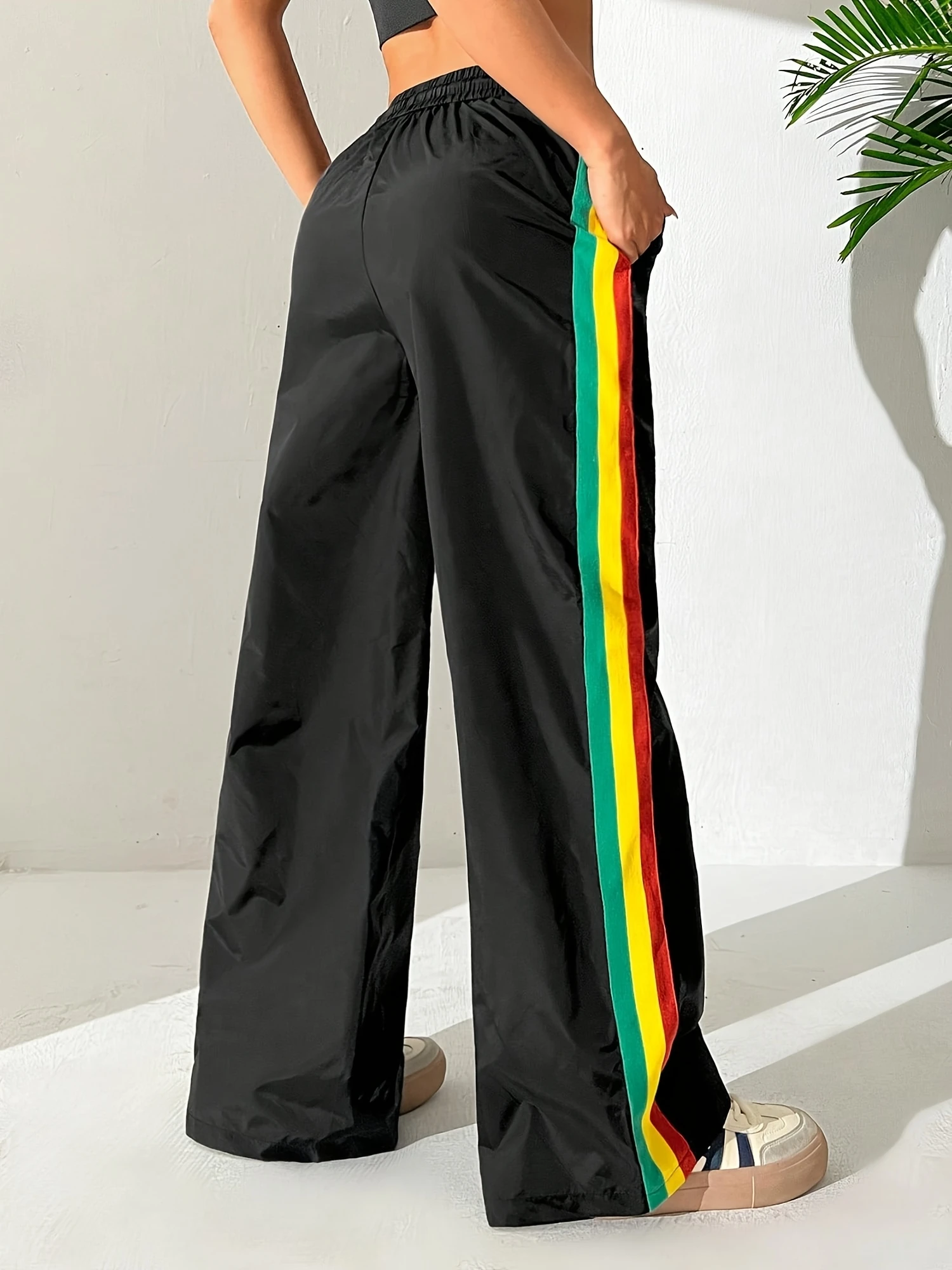 2026 Summer Women Black Wide Leg Wind Pants, Green Yellow Red Elastic Waist Lightweight Loose Casual Streetwear Trousers Kids