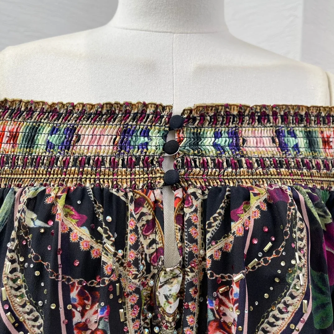 Vestido midi de seda con hombros descubiertos prensado Primavera Verano 2024 Diamantes de manga larga con estampado floral negro