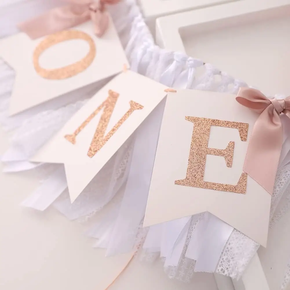 Rose Gold Blush White Highchair Banner Girl 1st Birthday Banner First One Year Party Decor with Cown