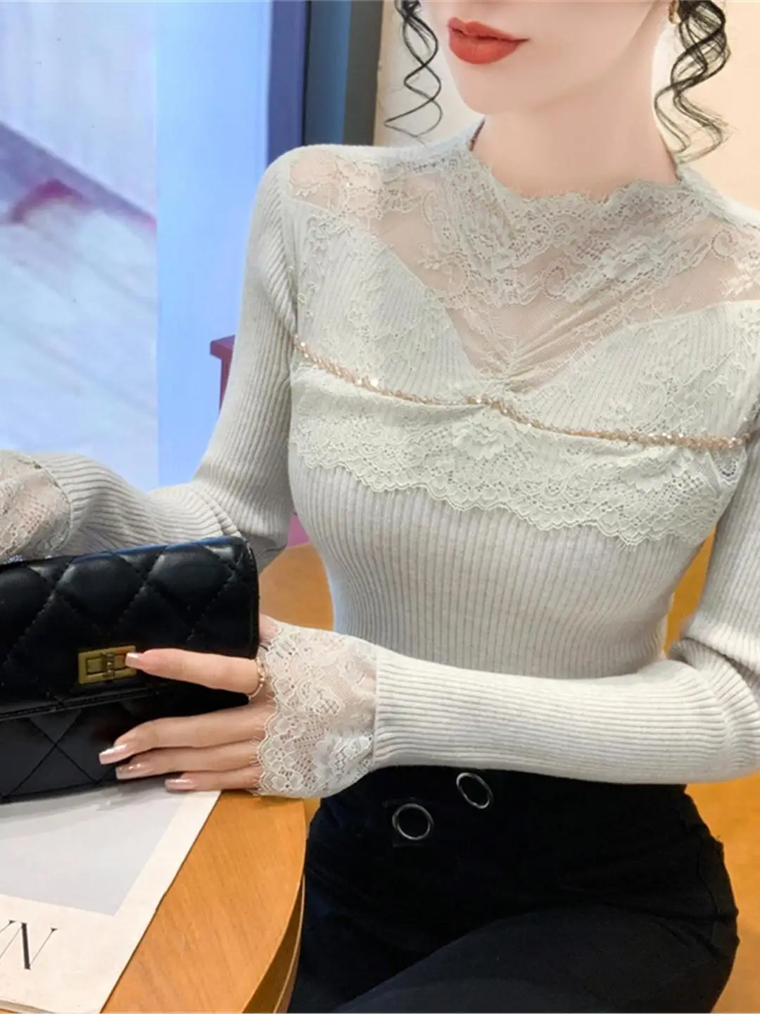 Damen f-High Collar Long Sve Gestrickte irt Diamant Stickerei Spitze Spleißen Slim Fit Basis irt Herbst Winter Schwere Arbeit