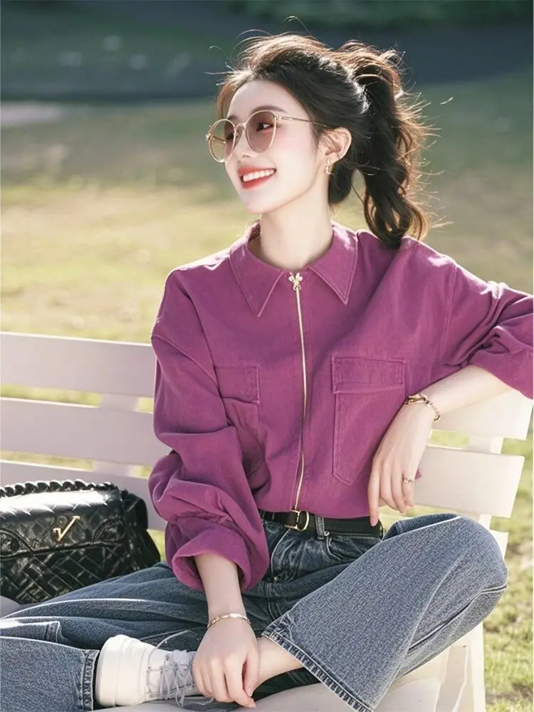 

Unique Purple Zipper Collar Shirt Women's Fashion Design Sensation Spring Anti-Aging Stylish Long Sleeve Commute Style Straig...
