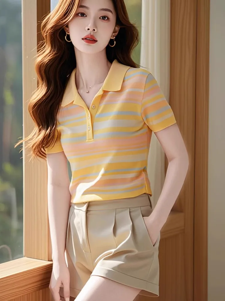 

Chic f-Open Button ort-Sve T-irt Sli Slimming Base Layer Top for Summer Ele Faionable Korean Sle