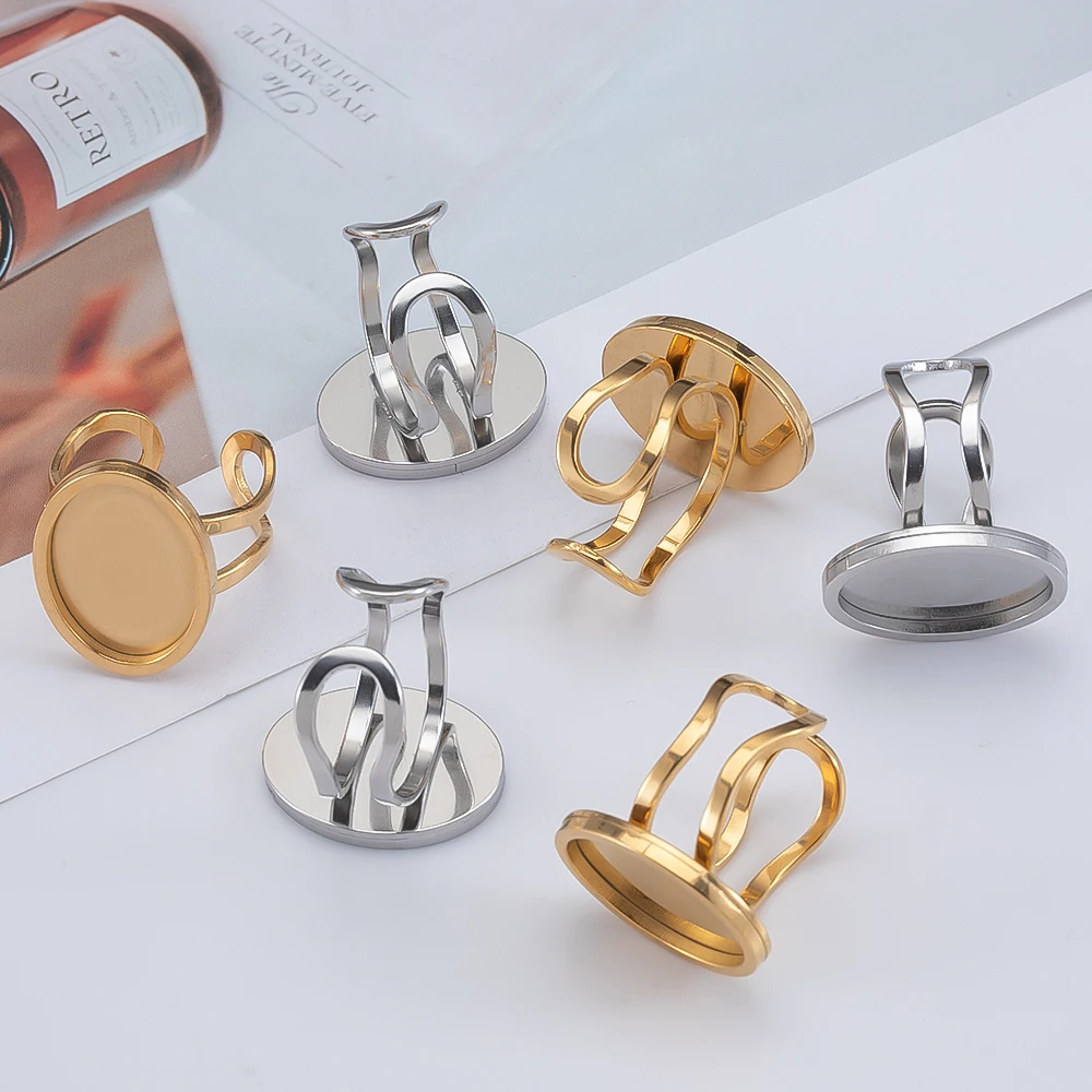 4pcs Open Ring Blank Tray Oval Cabochon Base Bezel Hollow Stainless Steel Adjustable Finger Ring Setting for DIY Jewelry Making