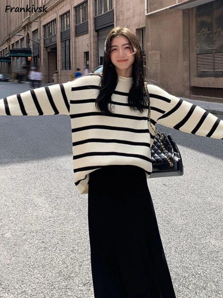 Slouchy Baggy Striped Sweaters Women All-match Casual Stylish Harajuku Japanese Style Knitwear Autumn Hipster High Street Daily