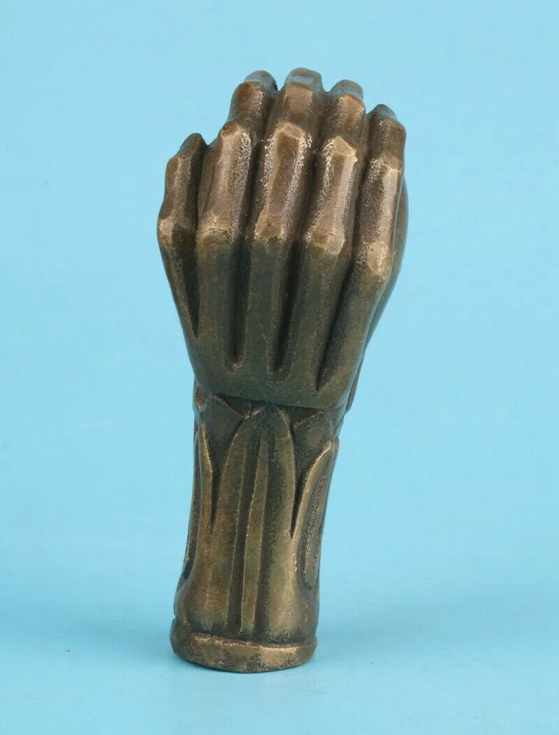 Old Bronze Hand Carved handguard skull Statue Cane Walking Stick Head
