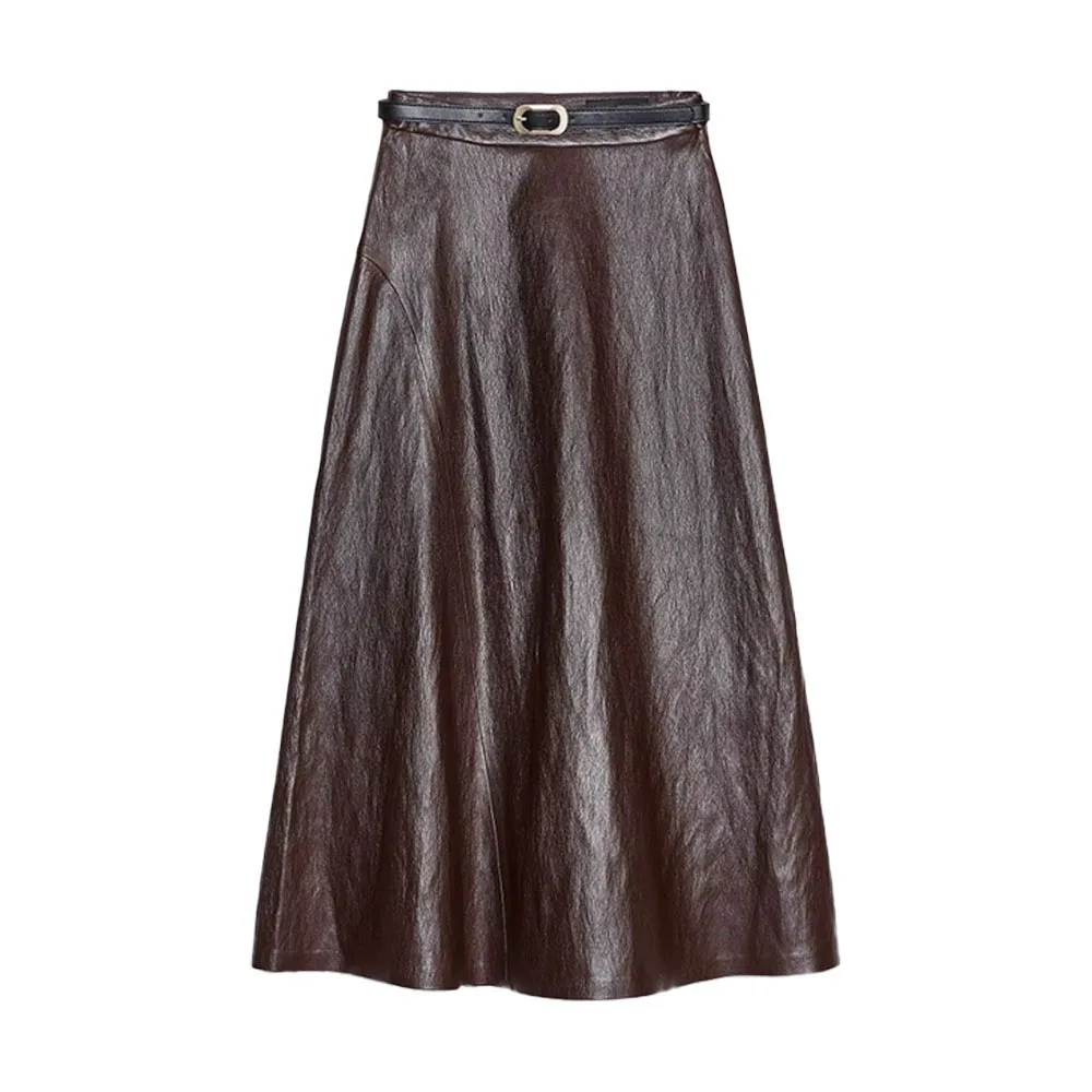 

Autumn and winter new women's clothing fashionable temperament high waisted leather effect belt MIDI skirt
