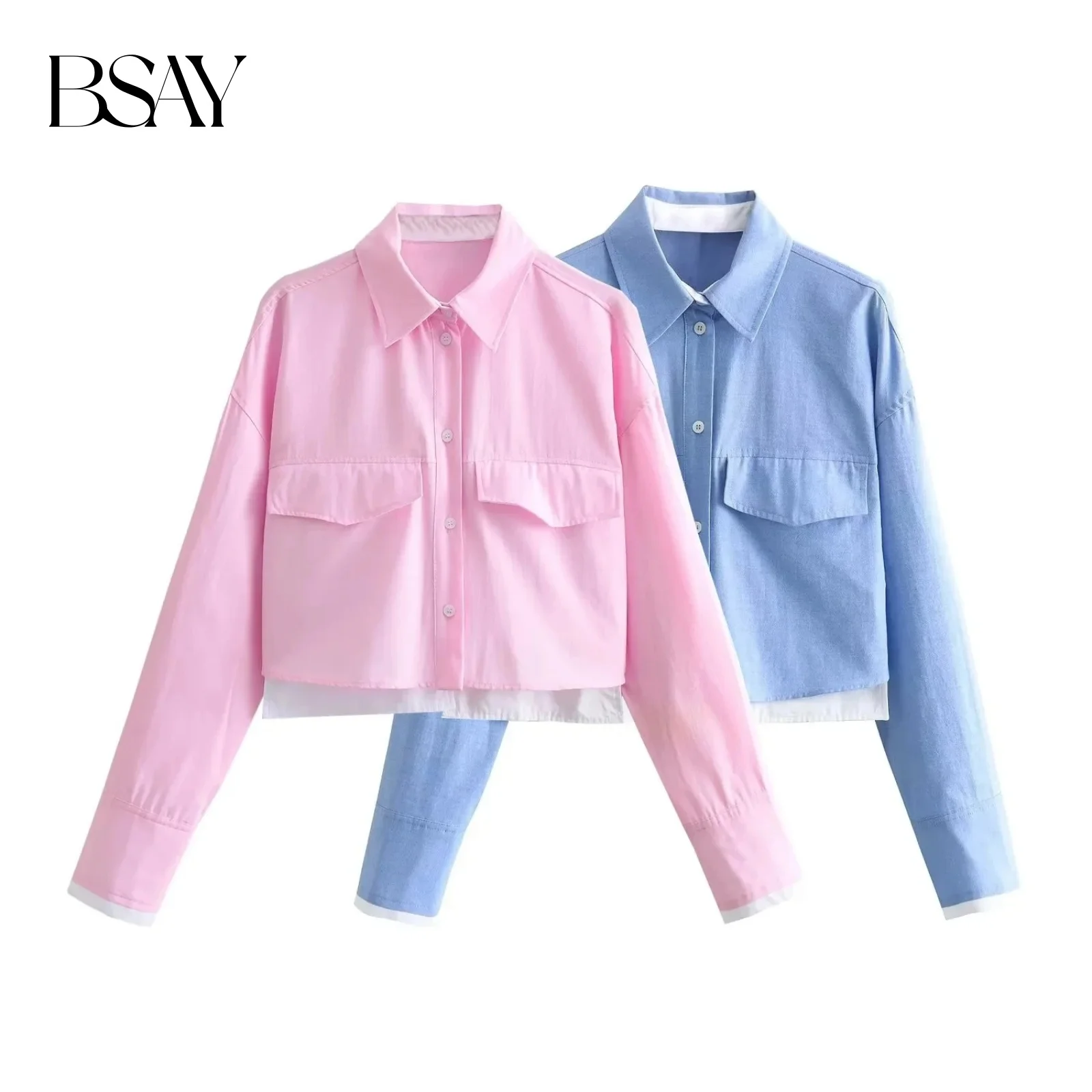 

BSAY женская мода весна новинка 2025 с длинным рукавом с лацканами и карманами короткая блузка уличная одежда рубашка шикарные женские укороченные топы Mujer