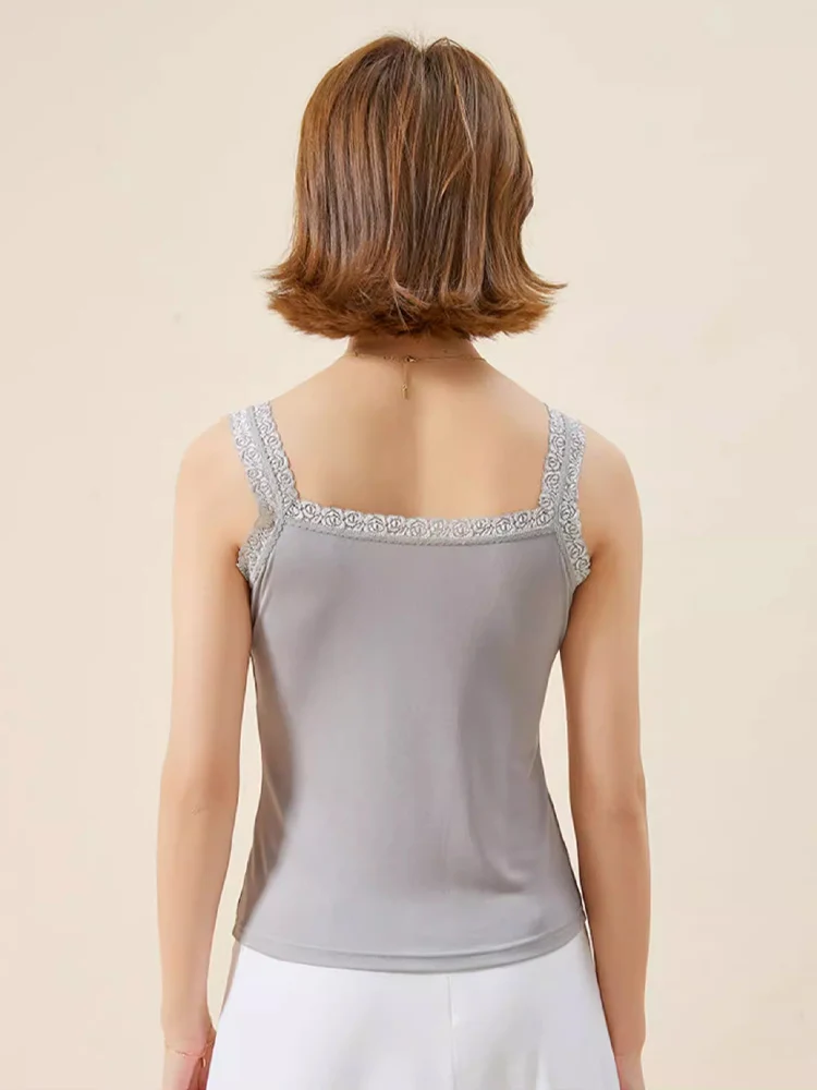 SuyaDream, Women silk camis, Lace Necklines, Solid and Cozy Camisoles, 2026 Spring Summer Basic Bottomings, Soft Top