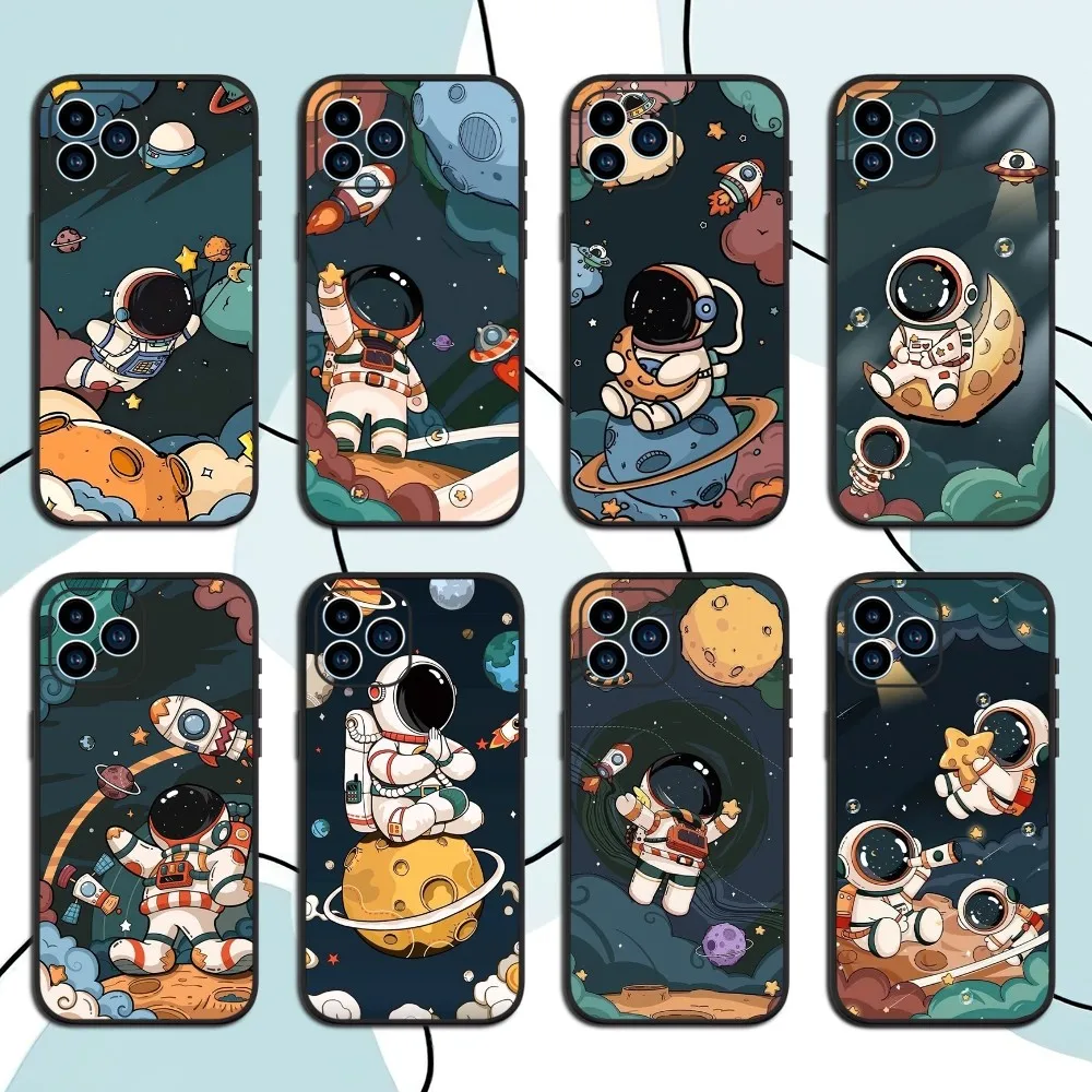 Saturn Cute Astronaut Phone Case For Xiaomi 10 12 Poco M3 X3 Nfc Redmi 10 11S Lite Ultra 4G 5G Black Soft Shell