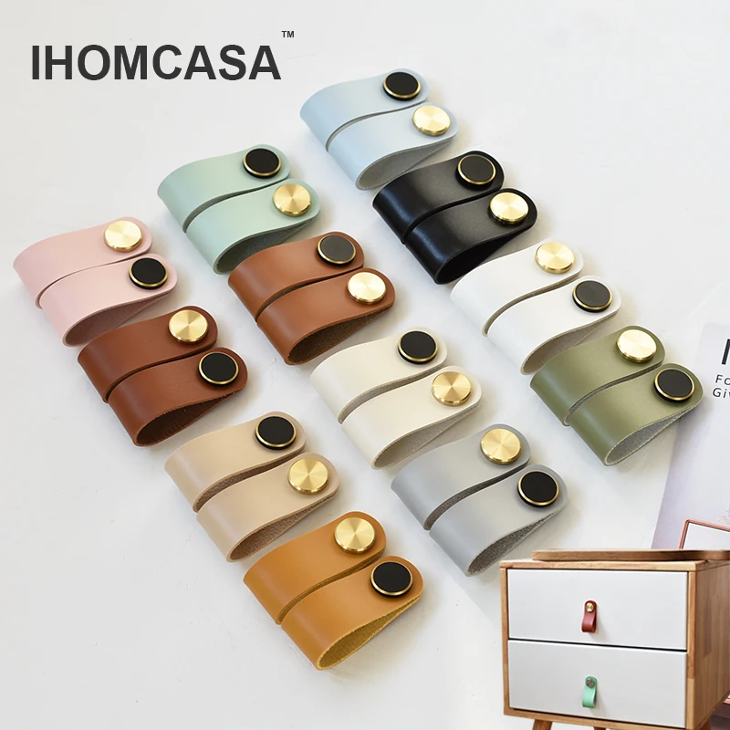 

IHOMCASA Nordic Mordern Gold Brass Leather Door Handle Kitchen Cabinet Knobs for Furniture Wardrobe Cupboard Closet Drawer Pulls