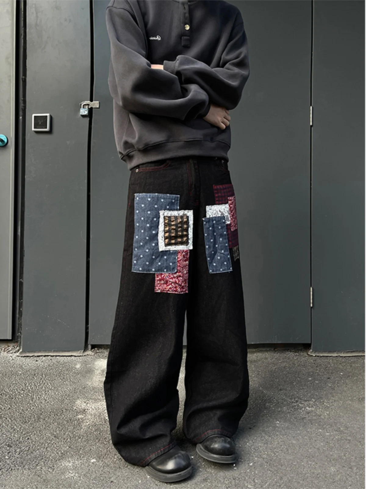 

Trendy Patchwork Wide Leg Jeans Casual Loose Straight Cut Denim Pants for Men And Women Spring Autumn Seasonal Wear